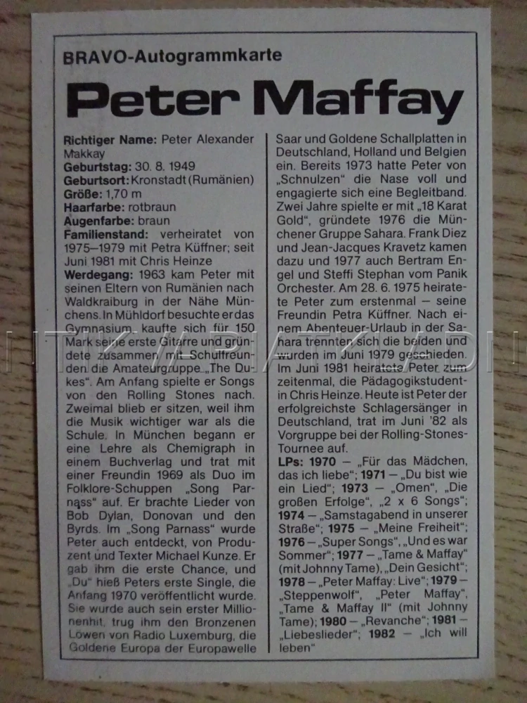 AUTOGRAM MAFFAY PETER, KARTIČKA BRAVO