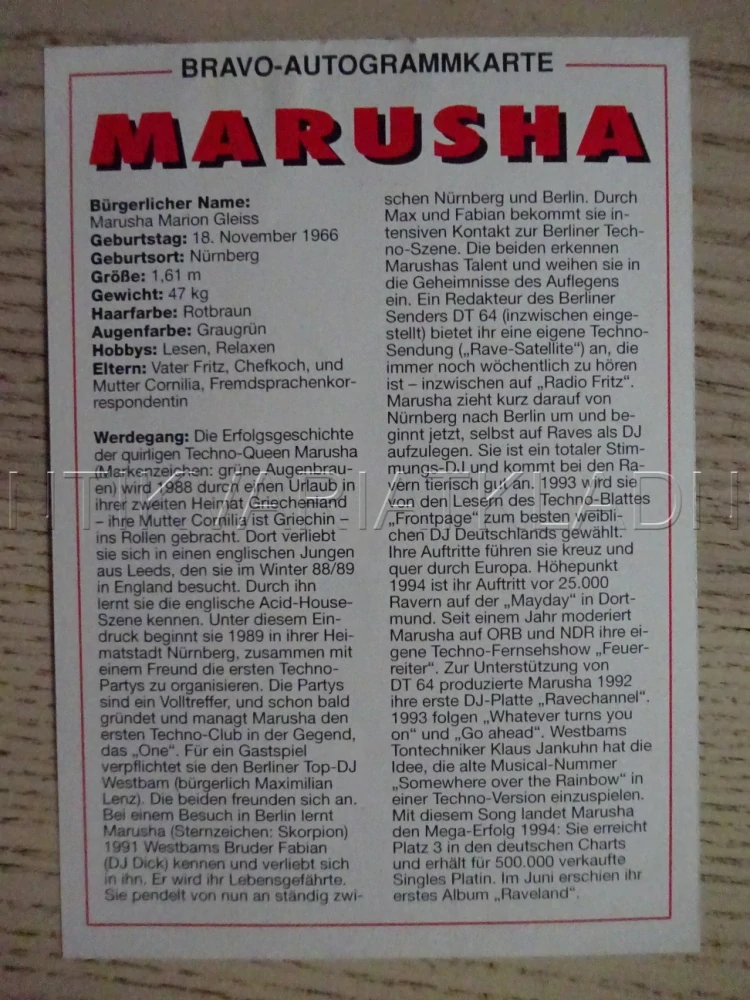 AUTOGRAM MARUSHA, KARTIČKA BRAVO