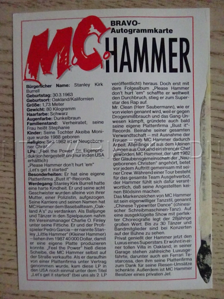 AUTOGRAM MC HAMMER, KARTIČKA BRAVO