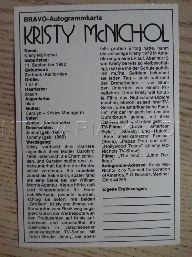 AUTOGRAM MCNICHOL KRISTY, KARTIČKA BRAVO