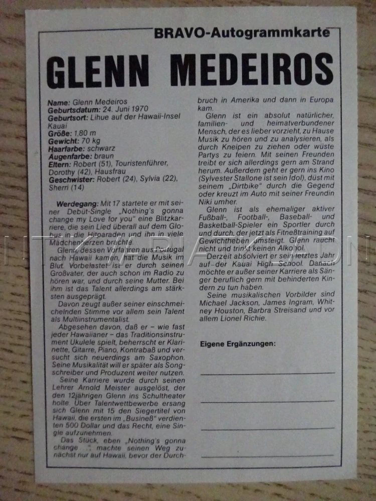 AUTOGRAM MEDEIROS GLENN, KARTIČKA BRAVO