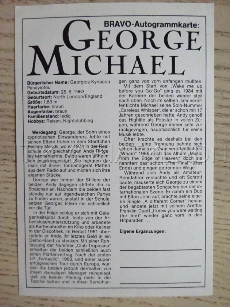 AUTOGRAM MICHAEL GEORGE, KARTIČKA BRAVO