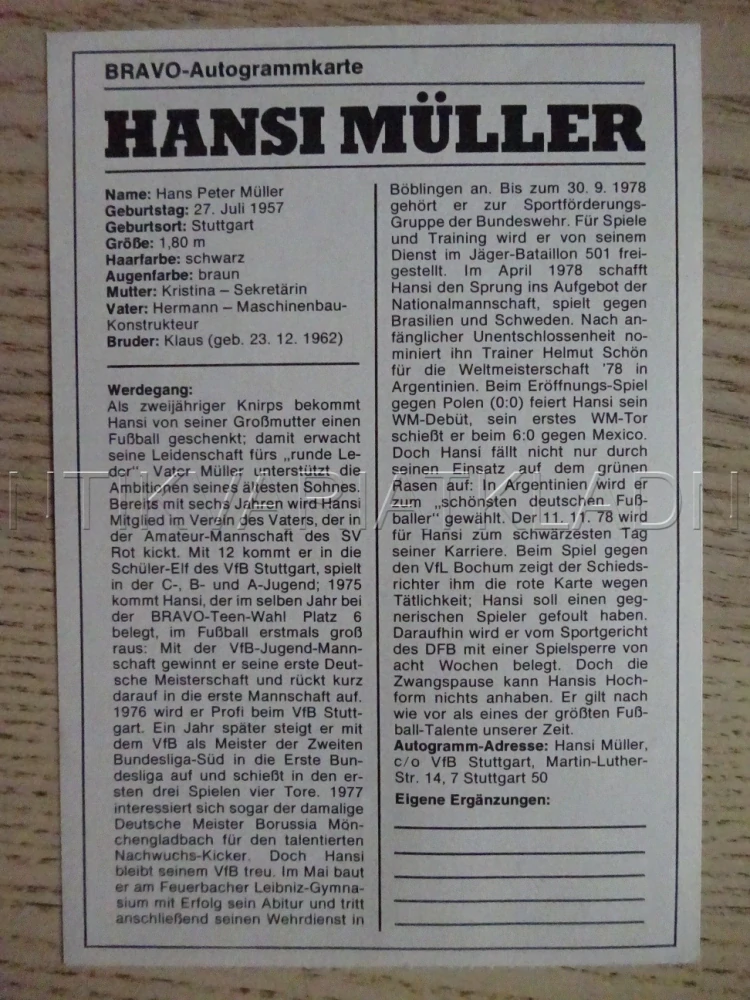 AUTOGRAM MÜLLER HANSI, KARTIČKA BRAVO