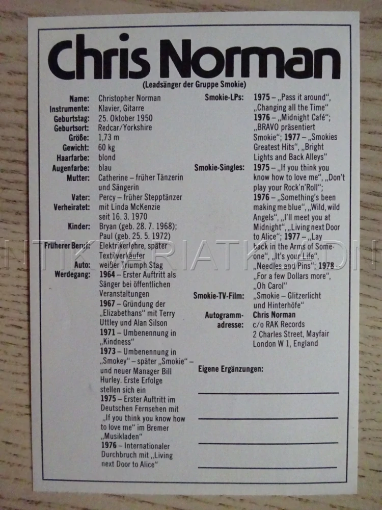 AUTOGRAM NORMAN CHRIS, KARTIČKA BRAVO
