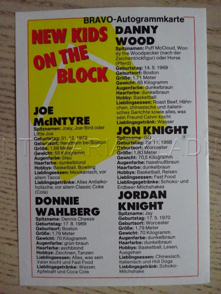 AUTOGRAM NEW KIDS ON THE BLOCK, KARTIČKA BRAVO