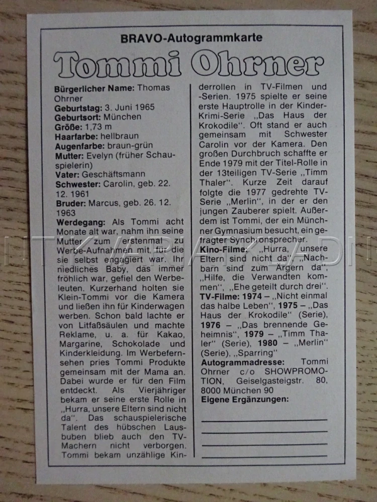 AUTOGRAM OHRNER TOMMI, KARTIČKA BRAVO