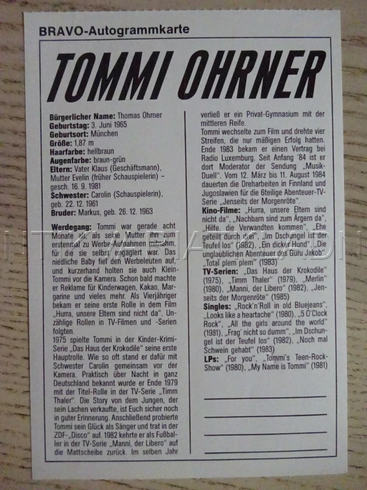 AUTOGRAM OHRNER TOMMI, KARTIČKA BRAVO