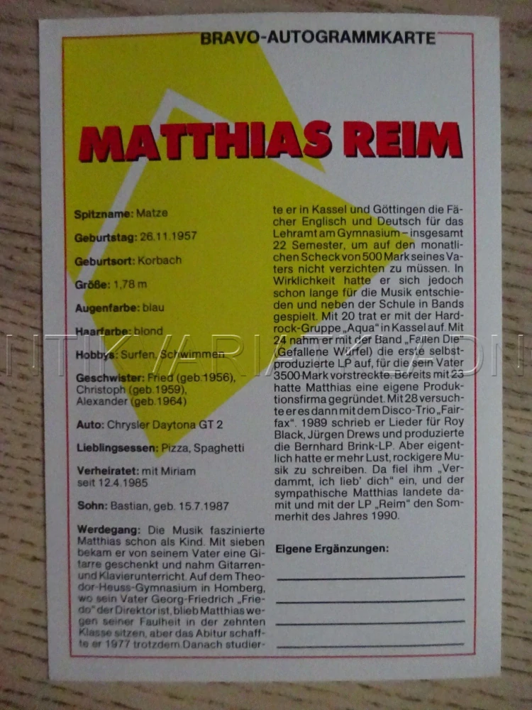 AUTOGRAM REIM MATTHIAS, KARTIČKA BRAVO