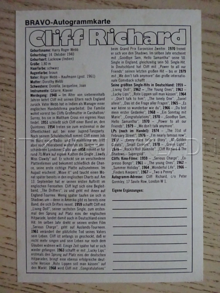 AUTOGRAM RICHARD CLIFF, KARTIČKA BRAVO