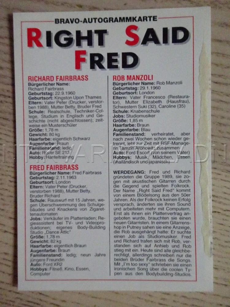 AUTOGRAM RIGHT SAID FRED, KARTIČKA BRAVO