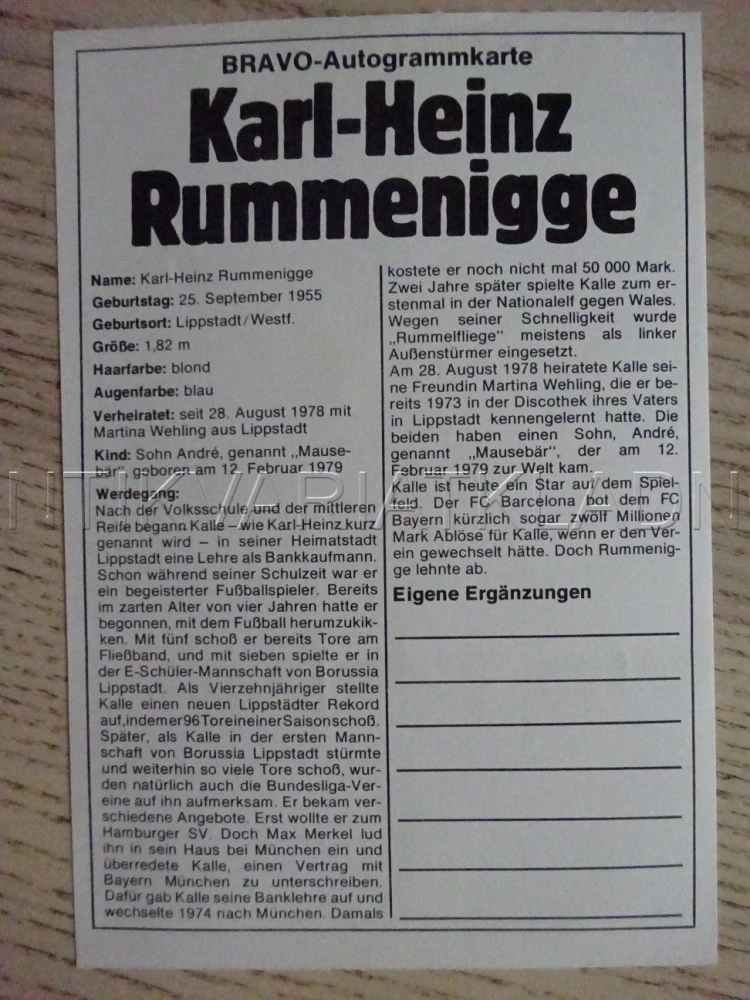AUTOGRAM RUMMENIGGE HEINZ-KARL, KARTIČKA BRAVO