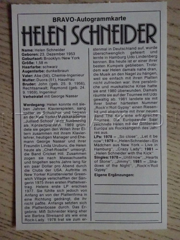 AUTOGRAM SCHNEIDER HELEN, KARTIČKA BRAVO