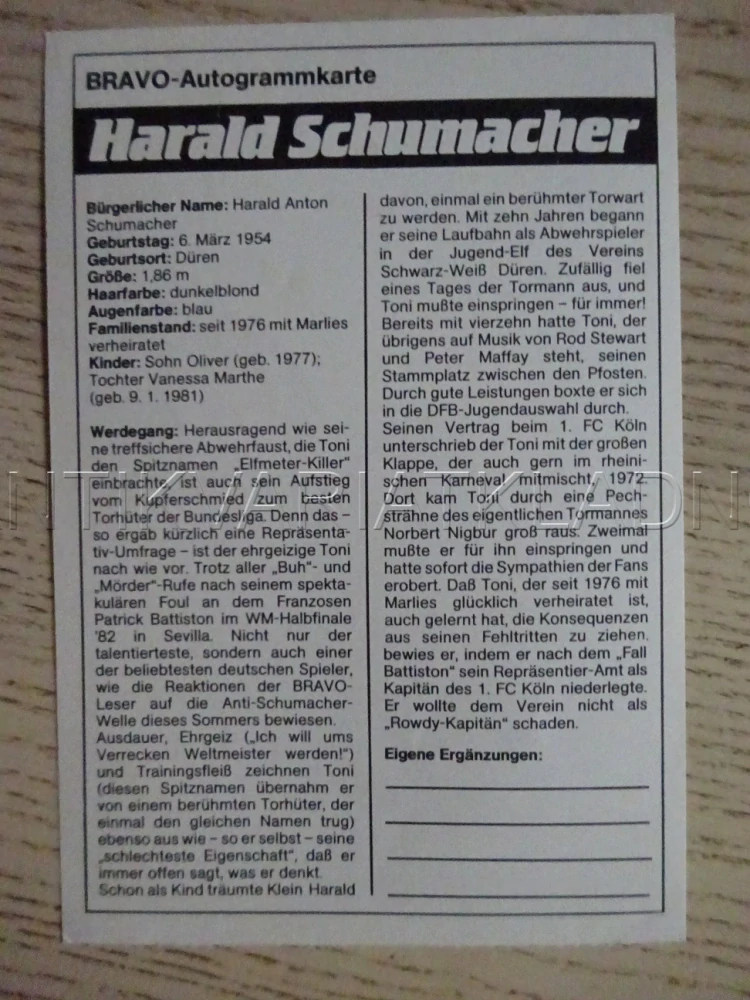 AUTOGRAM SCHUMACHER HARALD, KARTIČKA BRAVO
