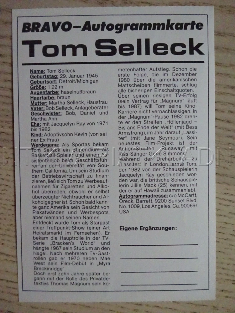 AUTOGRAM SELLECK TOM, KARTIČKA BRAVO