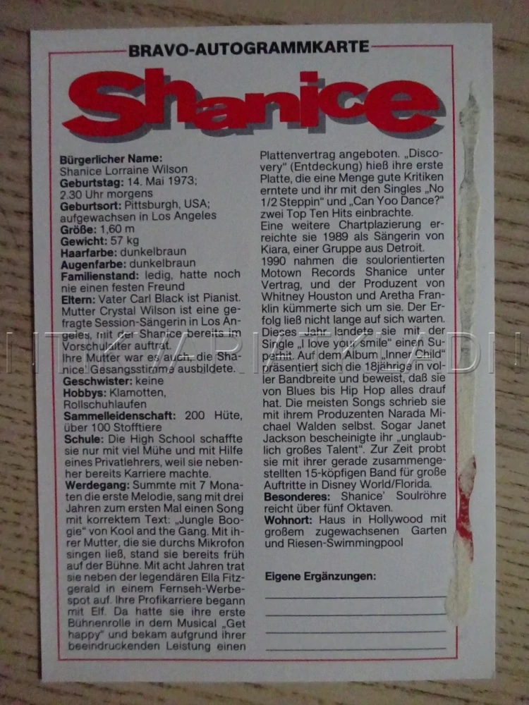 AUTOGRAM SHANICE, KARTIČKA BRAVO