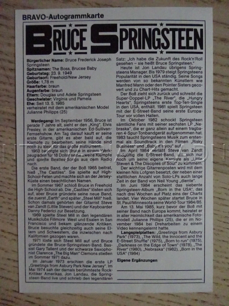 AUTOGRAM SPRINGSTEEN BRUCE, KARTIČKA BRAVO