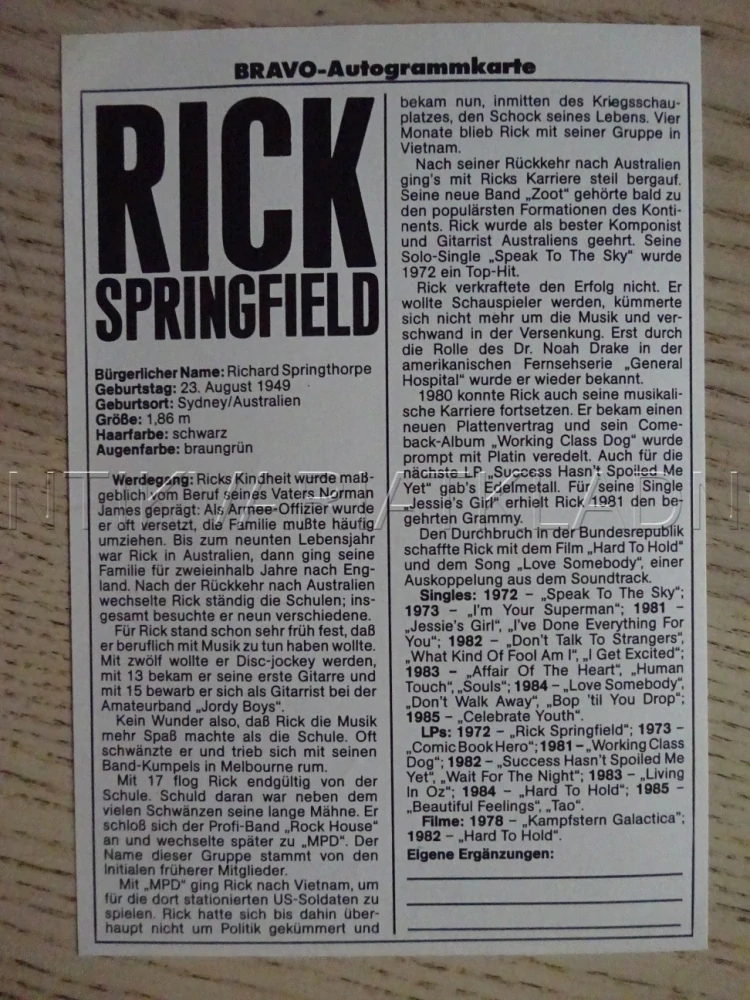 AUTOGRAM SPRINGFIELD RICK, KARTIČKA BRAVO