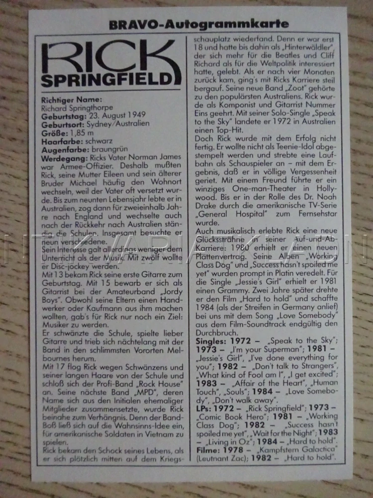 AUTOGRAM SPRINGFIELD RICK, KARTIČKA BRAVO