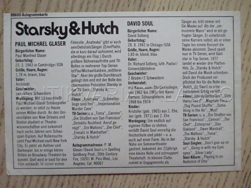 AUTOGRAM STARSKY & HUTCH, KARTIČKA BRAVO