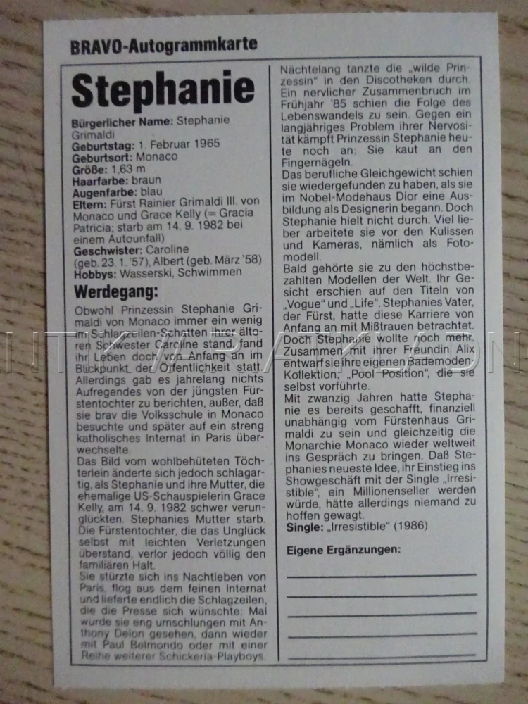 AUTOGRAM GRIMALDI STEPHANIE, KARTIČKA BRAVO