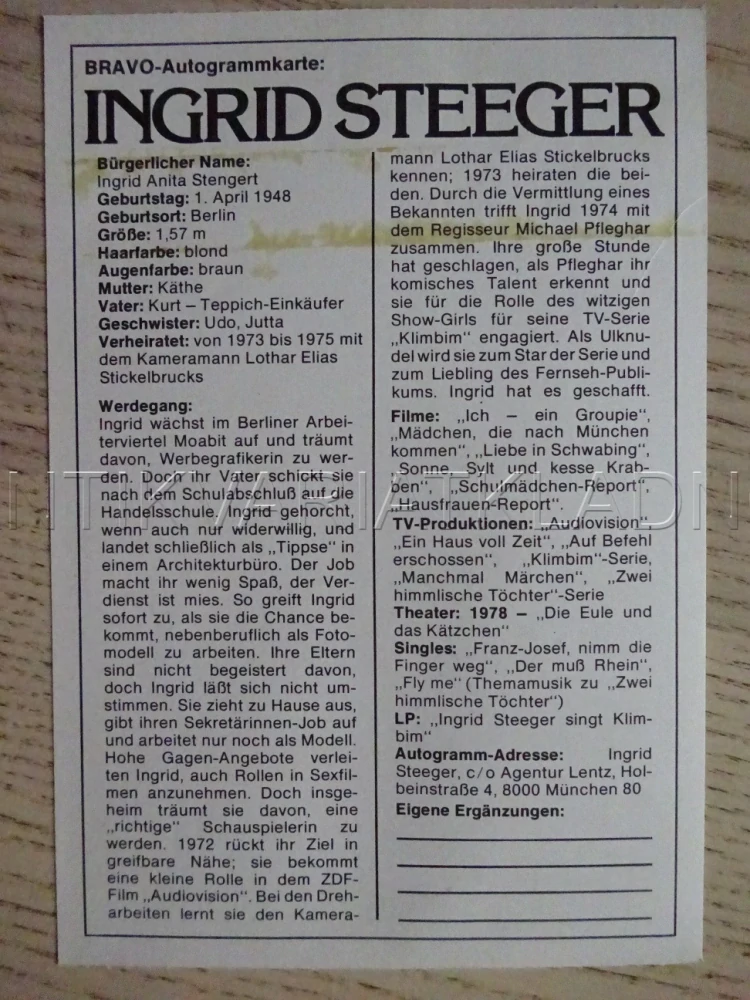 AUTOGRAM STEEGER INGRID, KARTIČKA BRAVO