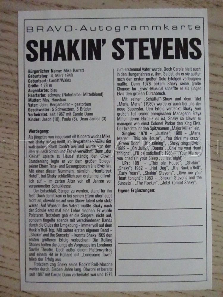 AUTOGRAM SHAKIN' STEEVENS, KARTIČKA BRAVO
