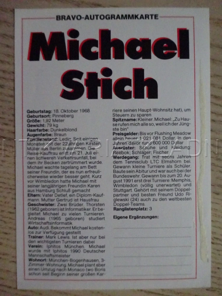 AUTOGRAM STICH MICHAEL, KARTIČKA BRAVO