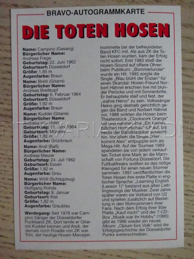 AUTOGRAM DIE TOTEN HOSEN, KARTIČKA BRAVO