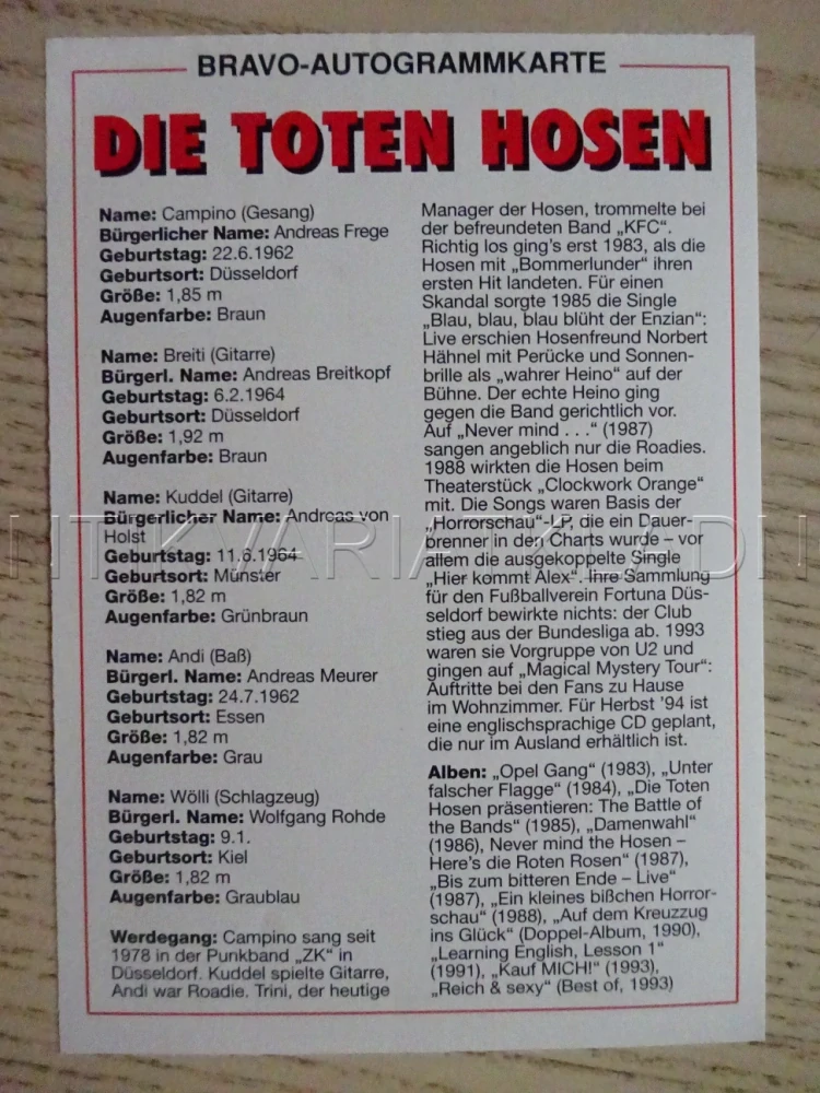 AUTOGRAM DIE TOTEN HOSEN, KARTIČKA BRAVO