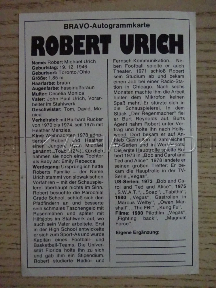 AUTOGRAM URICH ROBERT, KARTIČKA BRAVO