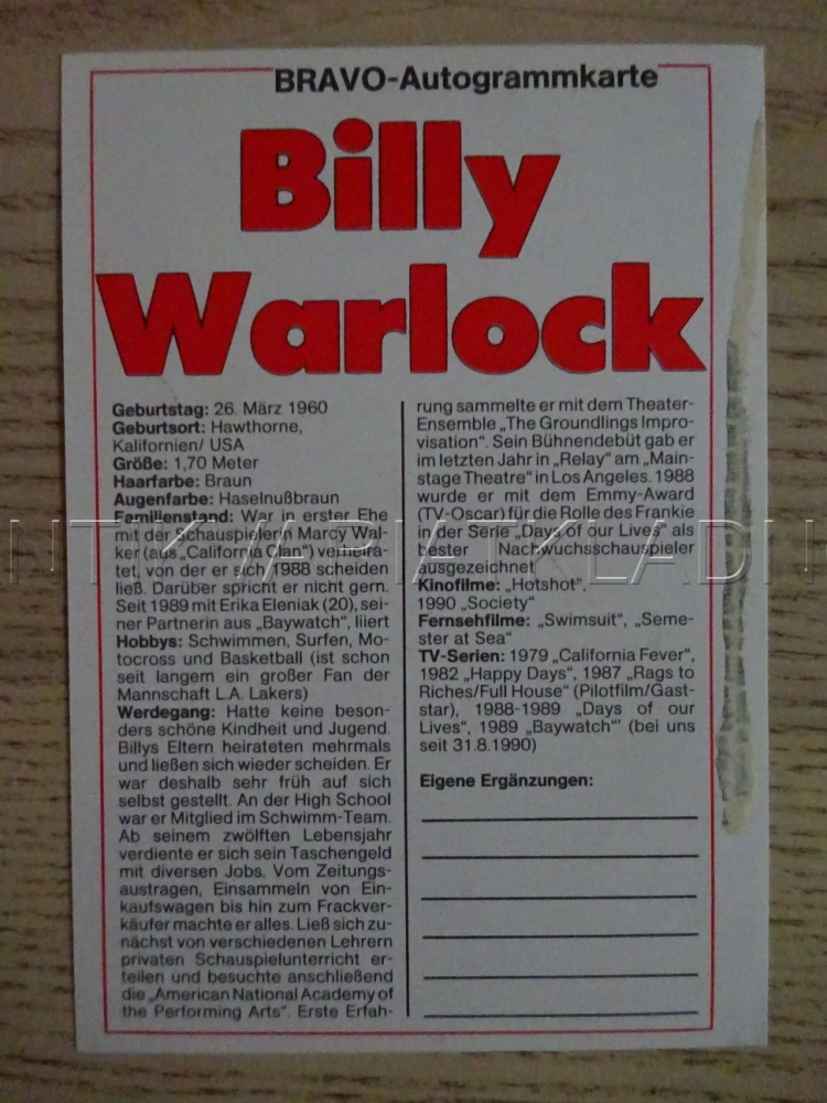 AUTOGRAM WARLOCK BILLY, KARTIČKA BRAVO