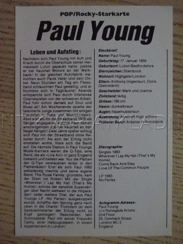 AUTOGRAM YOUNG PAUL, KARTIČKA BRAVO