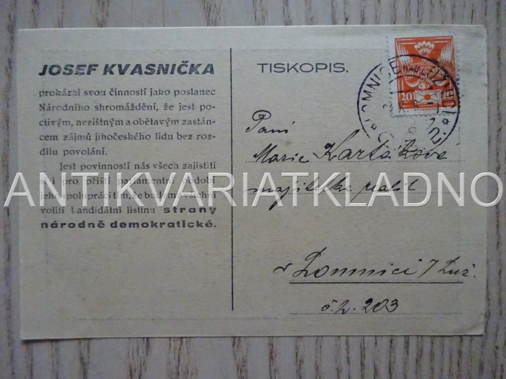 JOSEF KVASNIČKA, POSLANEC, POHLEDNICE 438