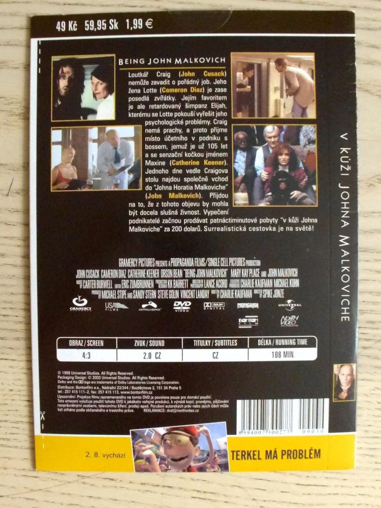V KŮŽI JOHNA MALKOVICHE, J. CUSACK, C. DIAZ, DVD FILM