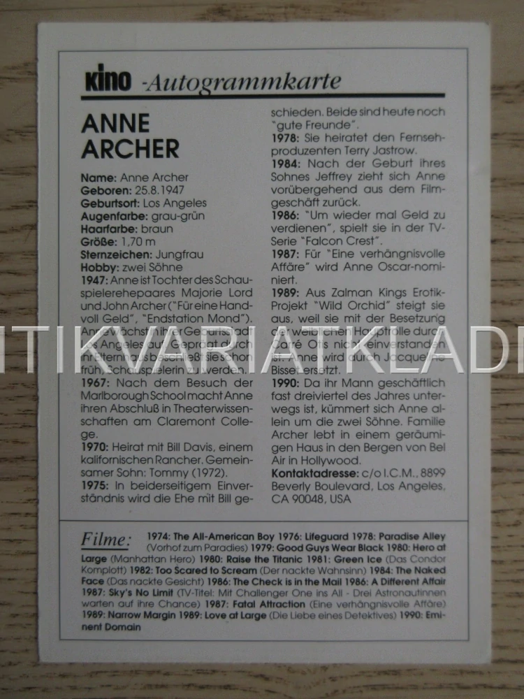 ARCHER ANNE, KARTIČKA KINO