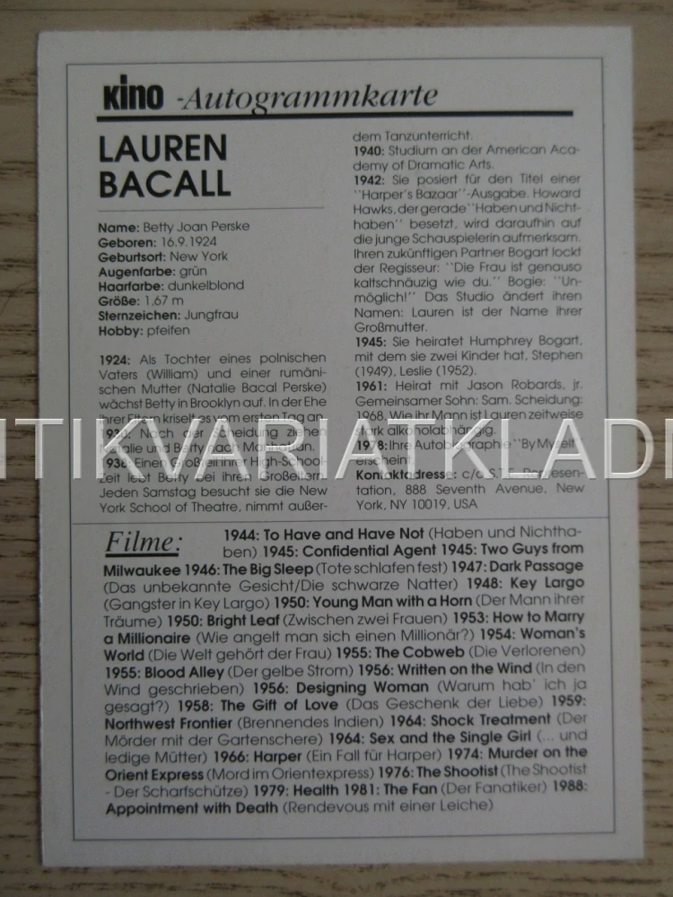 BACALL LAUREN, KARTIČKA KINO