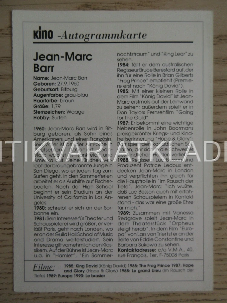 BARR JEAN-MARC, KARTIČKA KINO