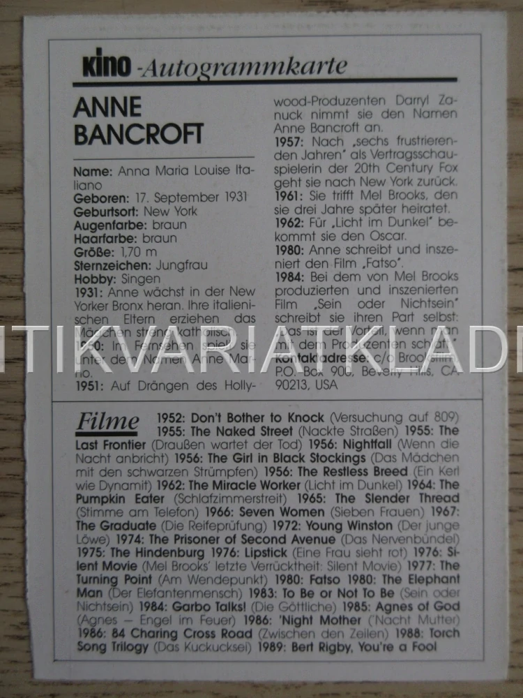 BANCROFT ANNE, KARTIČKA KINO