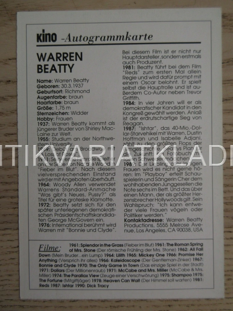 BEATTY WARREN, KARTIČKA KINO