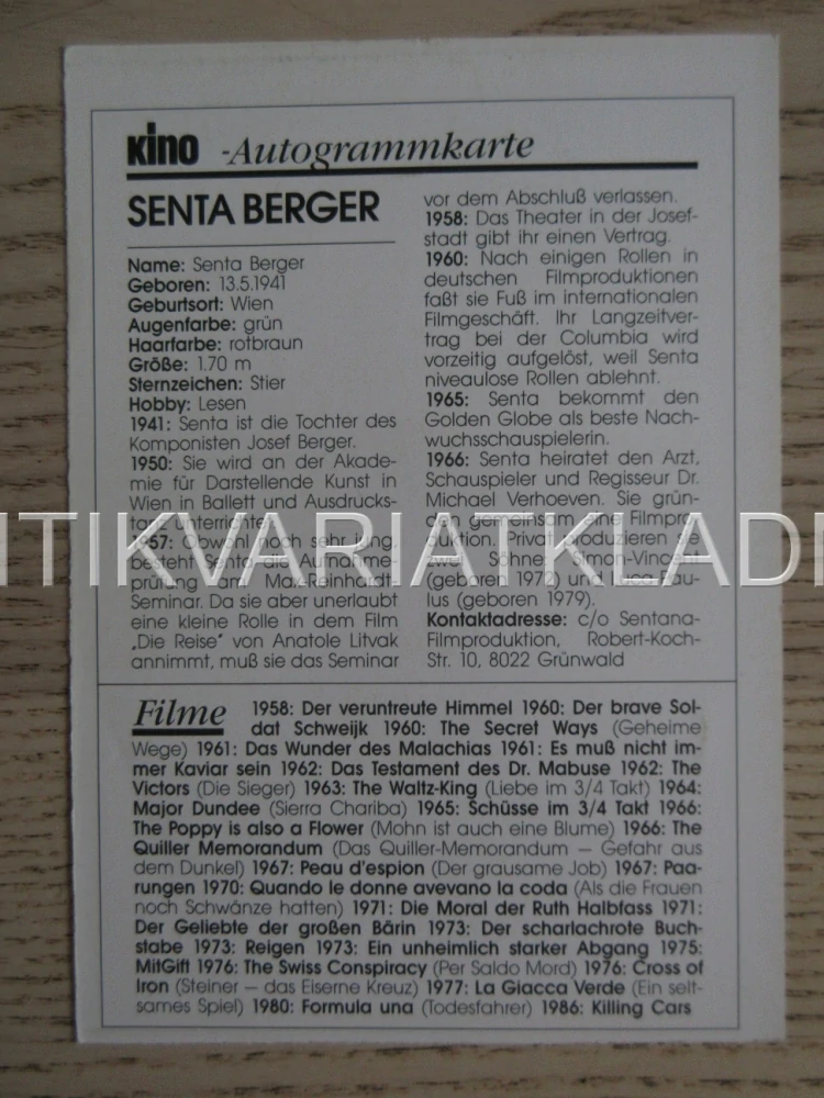 BERGER SENTA, KARTIČKA KINO