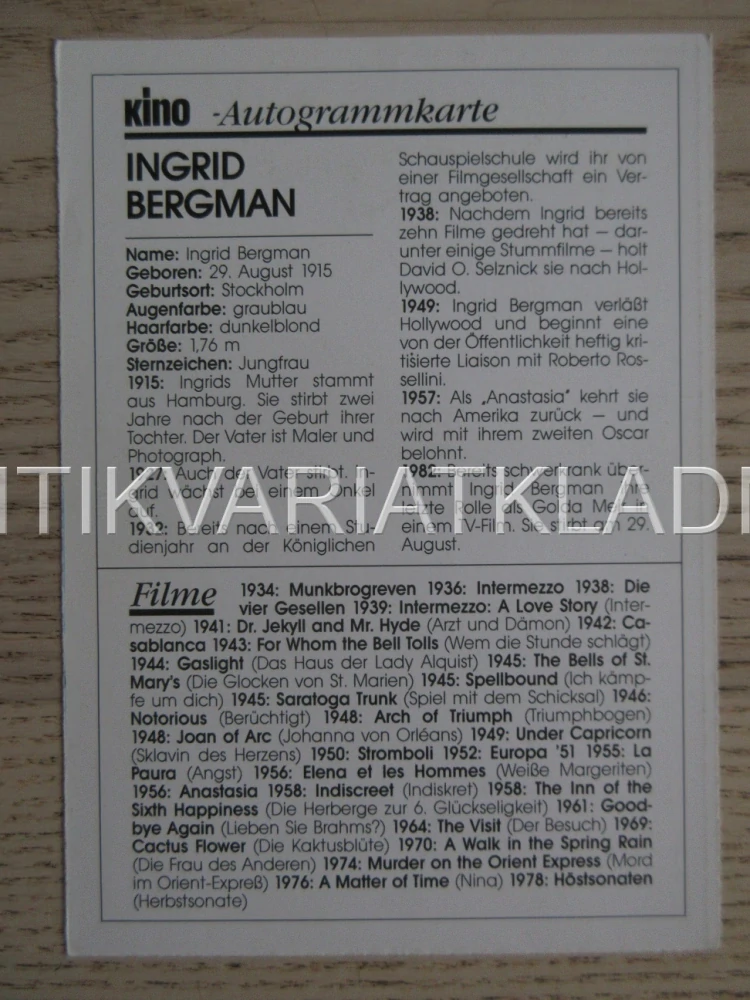 BERGMAN INGRID, KARTIČKA KINO