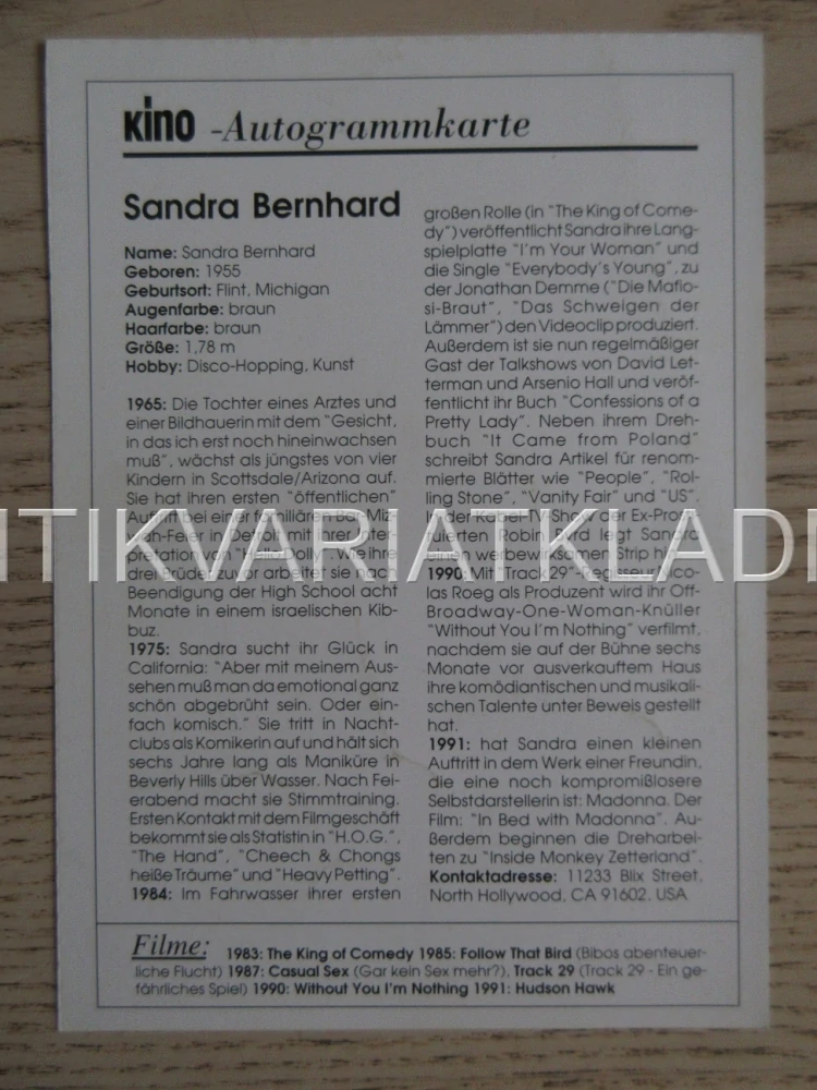 BERNHARD SANDRA, KARTIČKA KINO