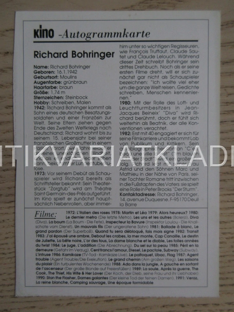 BOHRINGER RICHARD, KARTIČKA KINO