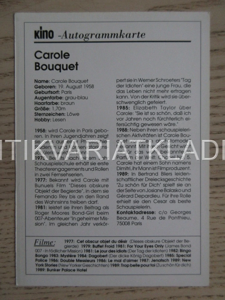 BOUQUET CAROLE, KARTIČKA KINO