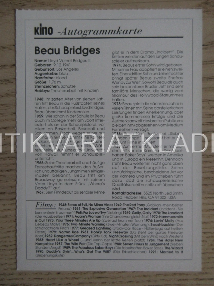 BRIDGES BEAU, KARTIČKA KINO
