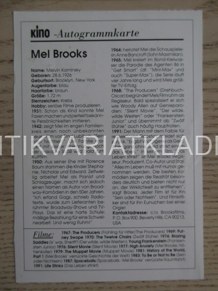 BROOKS MEL, KARTIČKA KINO