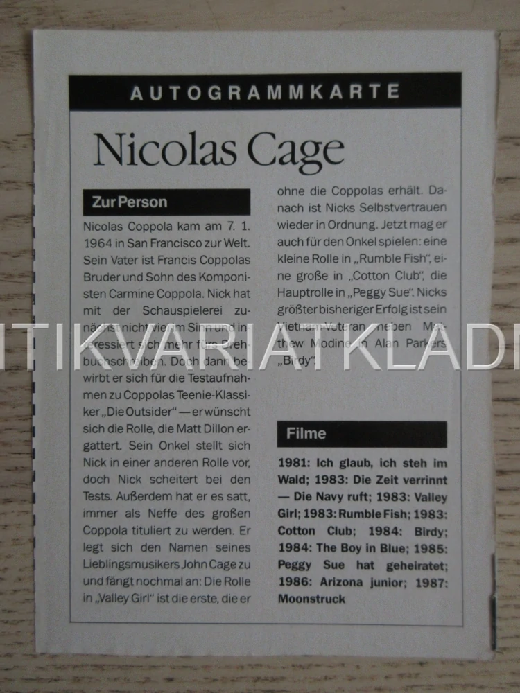 CAGE NICOLAS, KARTIČKA KINO