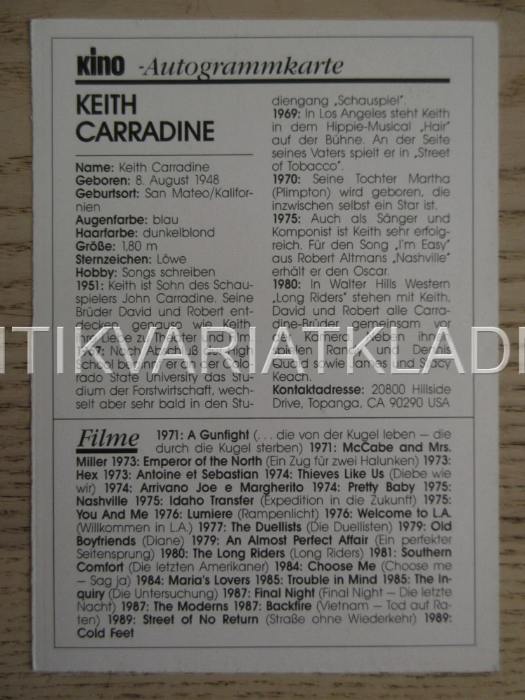 CARRADINE KEITH, KARTIČKA KINO