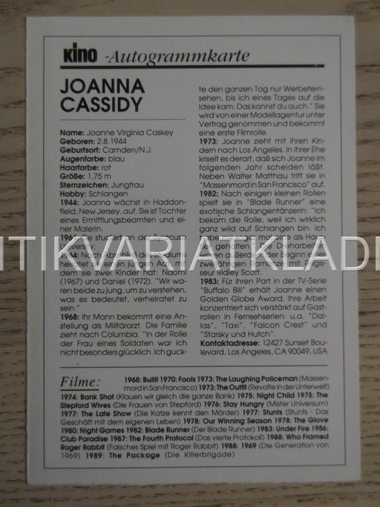 CASSIDY JOANNA, KARTIČKA KINO