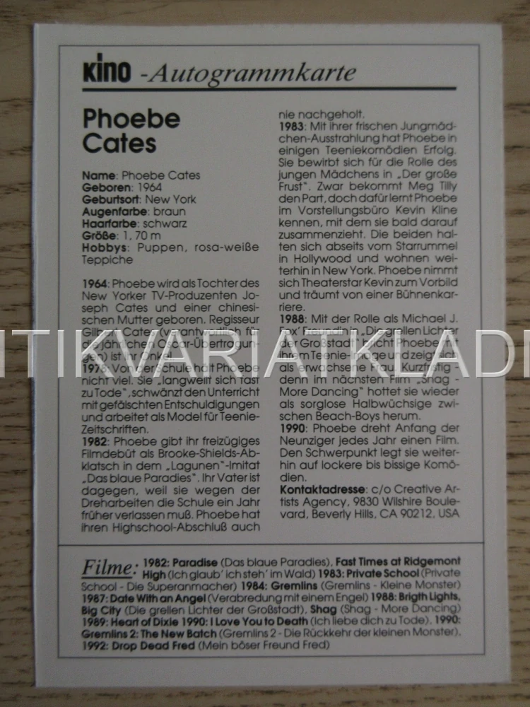 CATES PHOEBE, KARTIČKA KINO